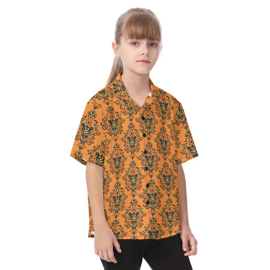 Haunted Halloween Mansion Wallpaper - Kid's Hawaiian Button Up Shirt