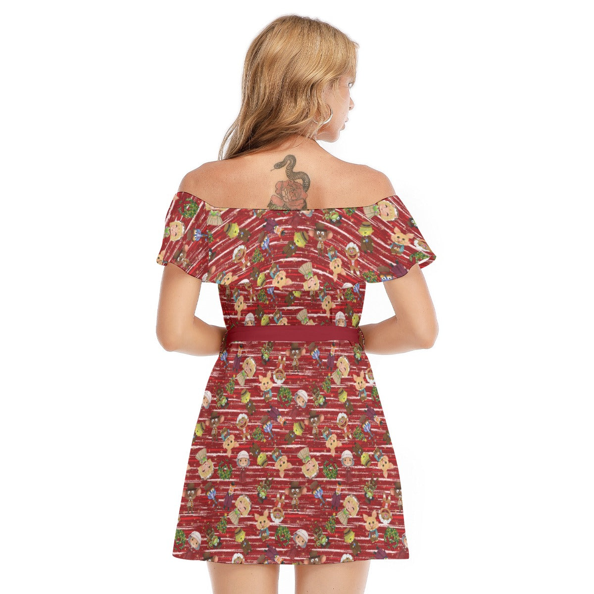 A Very Festive Puppet Christmas - Women's Off-shoulder Ruffle Dress