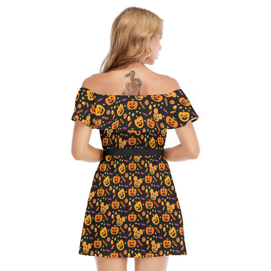 Cheerful Pumpkin Mouse Halloween - Women's Off-shoulder Ruffle Dress