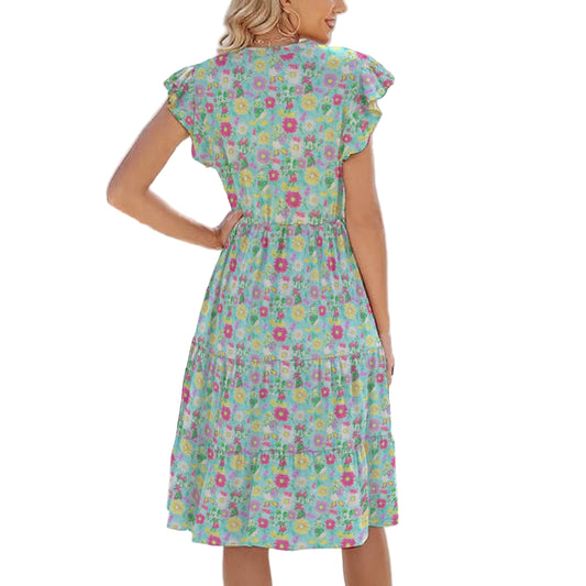 Neon Spring Floral Friends - Women's Tiered Pocket Midi Dress