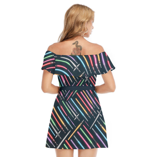 Vibrant Galaxy Sabers - Women's Off-shoulder Ruffle Dress