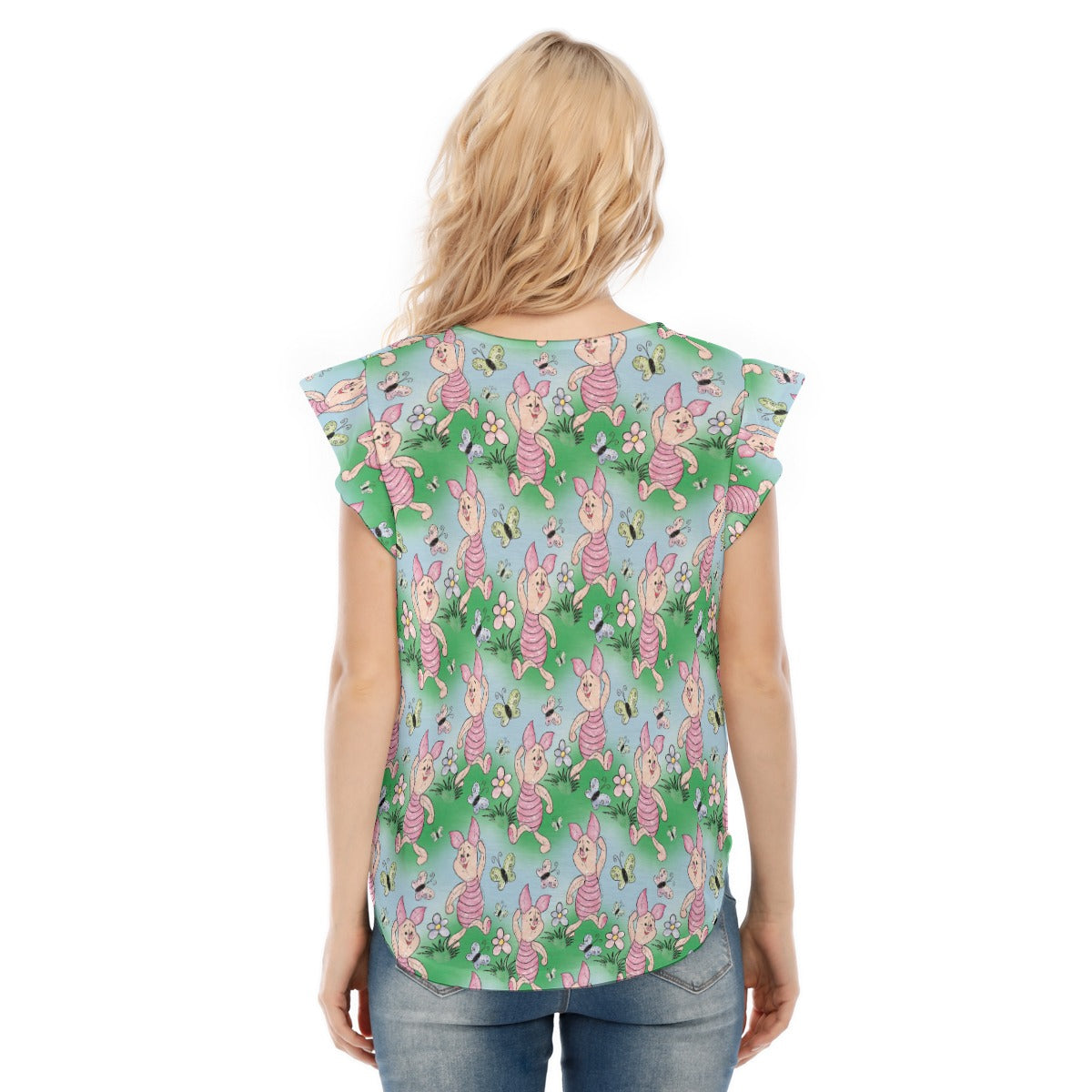 Sketched Shy Friend and Butterflies - Women’s Flutter Sleeve Top