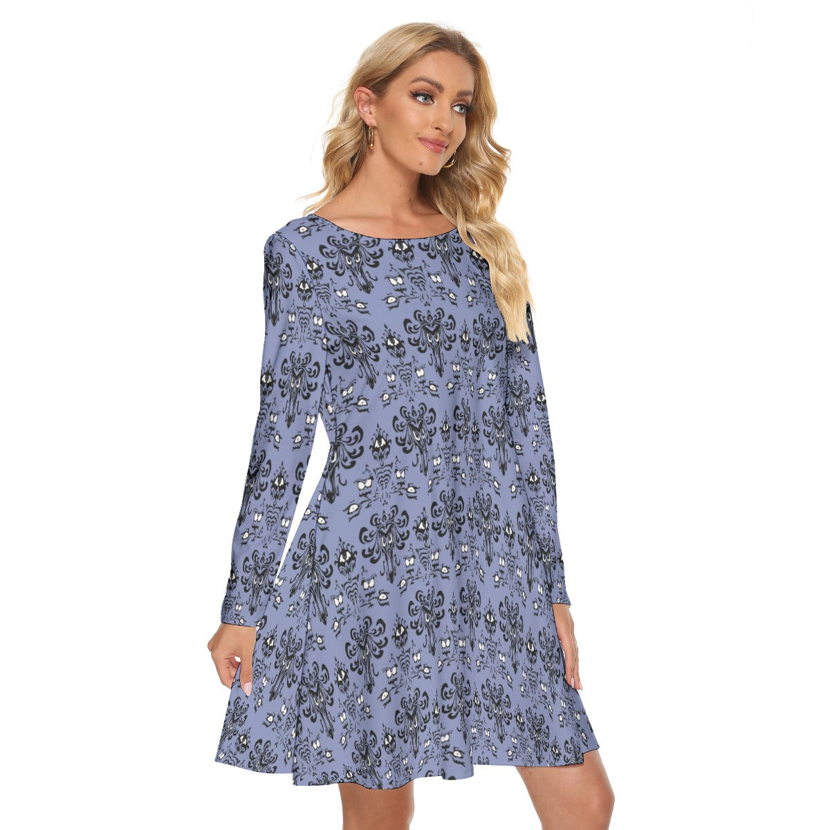 Spooky Mansion Wallpaper - Women's Long Sleeve A-Line Pocket Dress