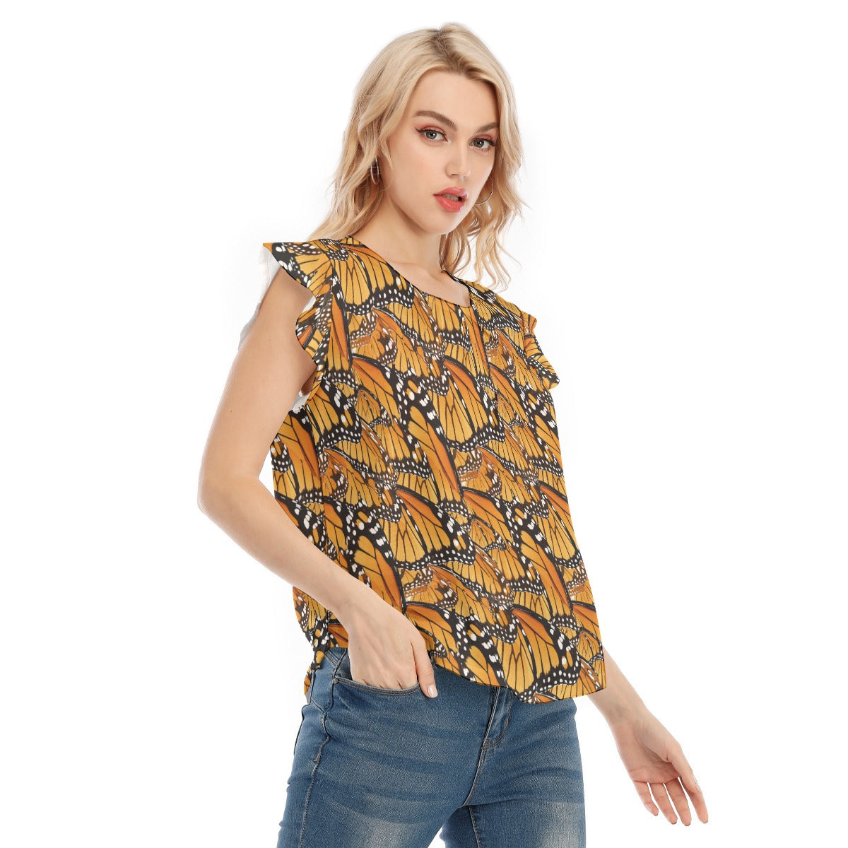 Animal Print - Monarch Butterfly - Women’s Flutter Sleeve Top