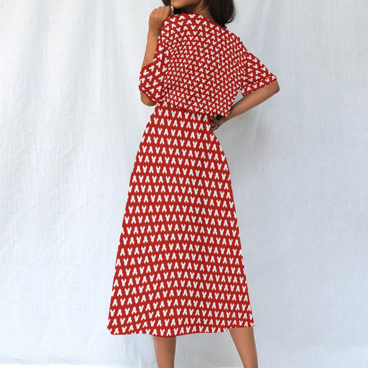 Playful Polka Dot Ears Red - Women’s Elastic Waist Pocket Midi Dress