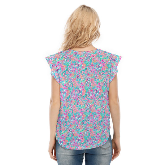 Tropical Bloom Fiesta - Playful Duo - Women’s Flutter Sleeve Top