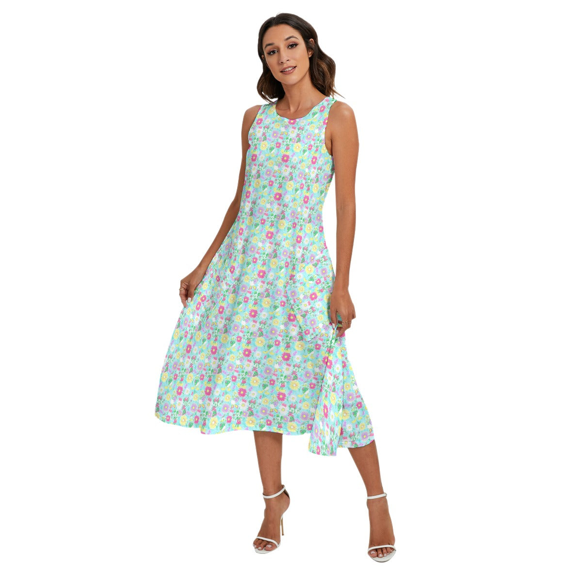 Neon Spring Floral Friendsends - Women’s Diagonal Pocket Midi Dress