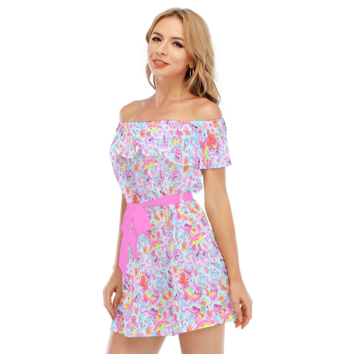 Neon Rainbow Mischief - Women's Off-shoulder Ruffle Dress