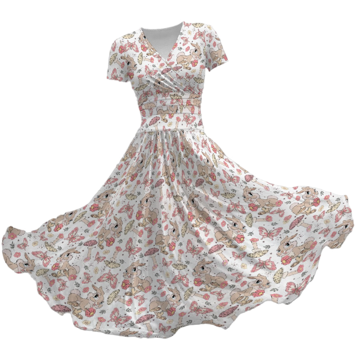 Woodland Bunny Cottagecore - Women's V-Neck Ruched Midi Dress