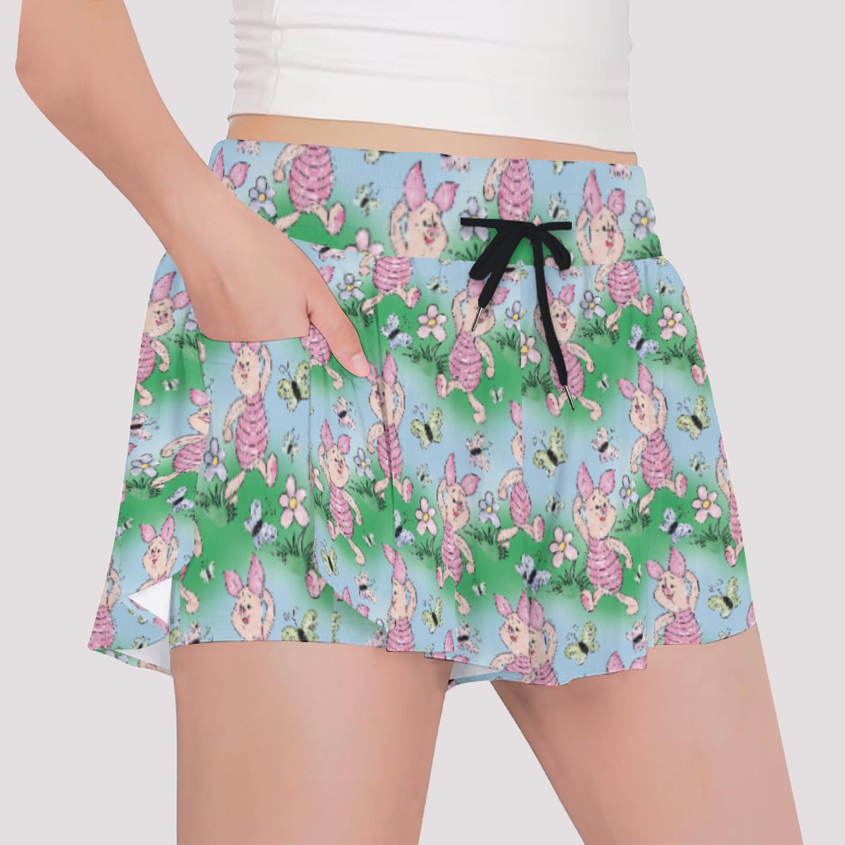 Sketched Shy Friend and Butterflies - Girls’ Flowy Pocket Shorts