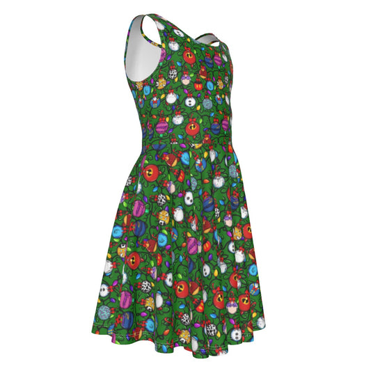 Festive Character Baubles on Green - Kid's Sleeveless Skater Dress