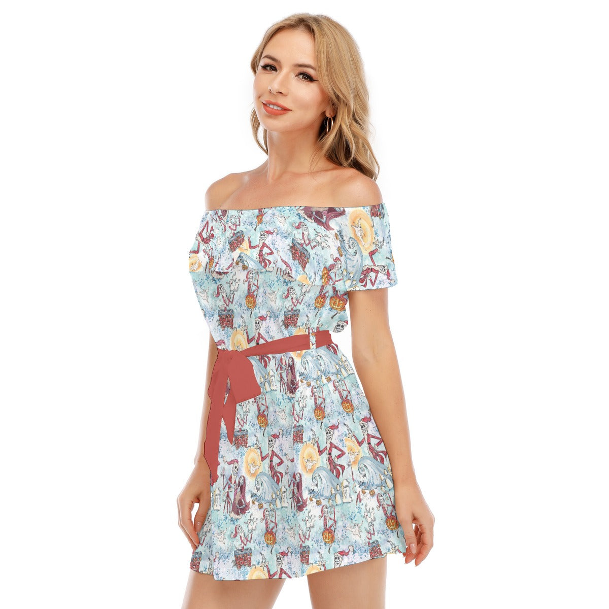 Santa Jack with Sally & Ghost Dog - Women's Off-shoulder Ruffle Dress