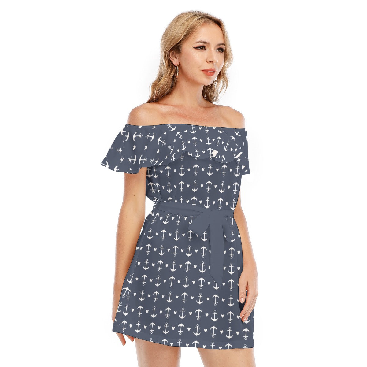 Anchors & Mouse Ears - Women's Off-shoulder Ruffle Dress