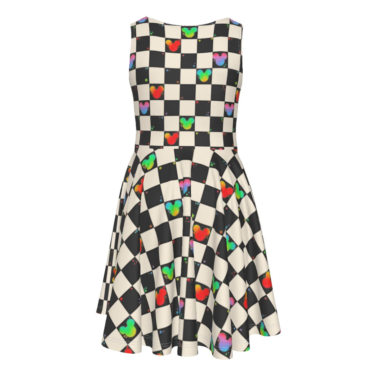 Rainbow Checker Mouse Ears - Kid's Sleeveless Skater Dress