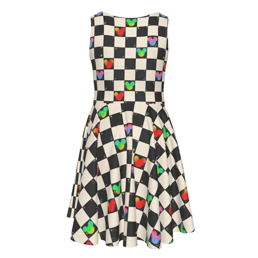 Rainbow Checker Mouse Ears - Kid's Sleeveless Skater Dress