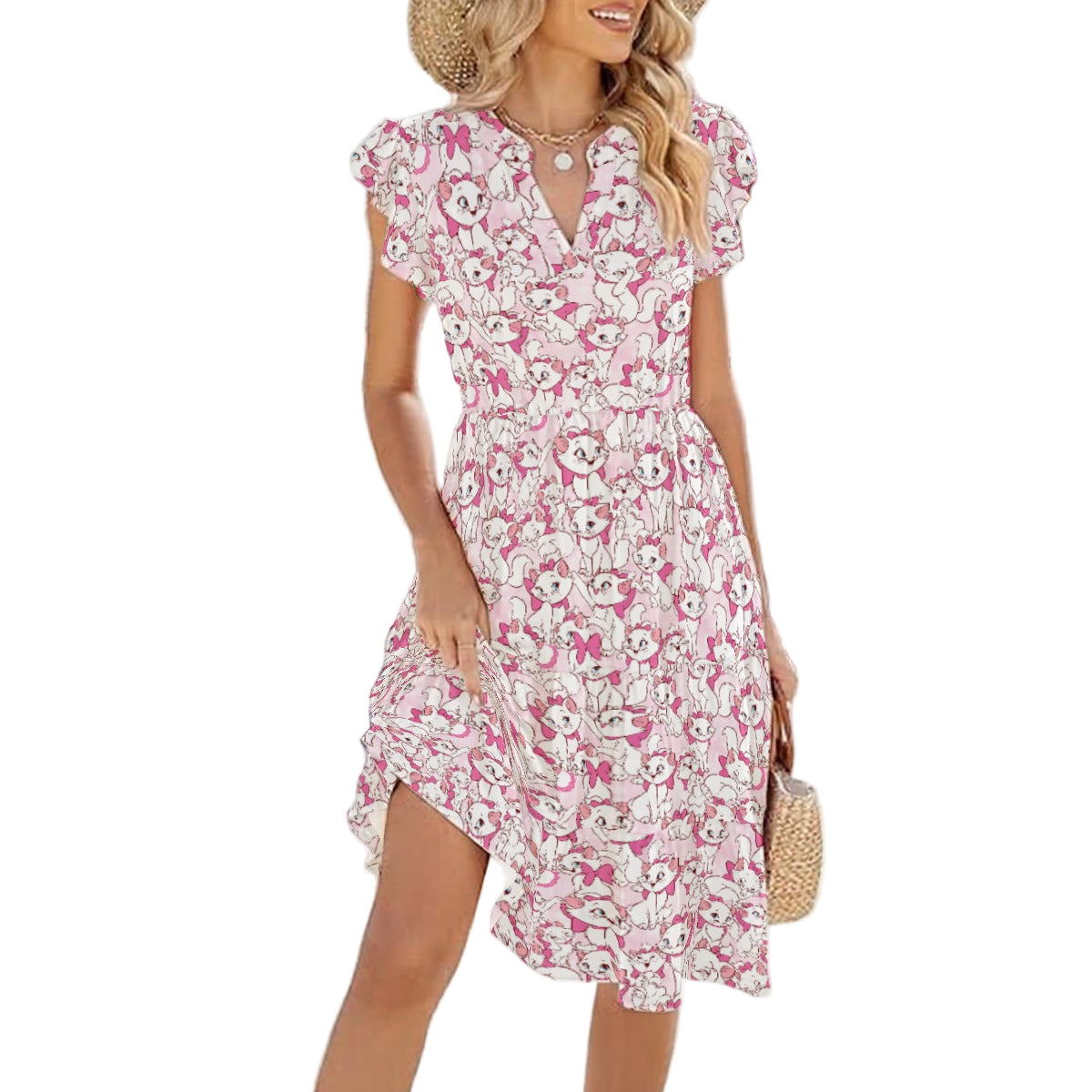 Sweet Kitten with Pink Bow - Women's Tiered Pocket Midi Dress