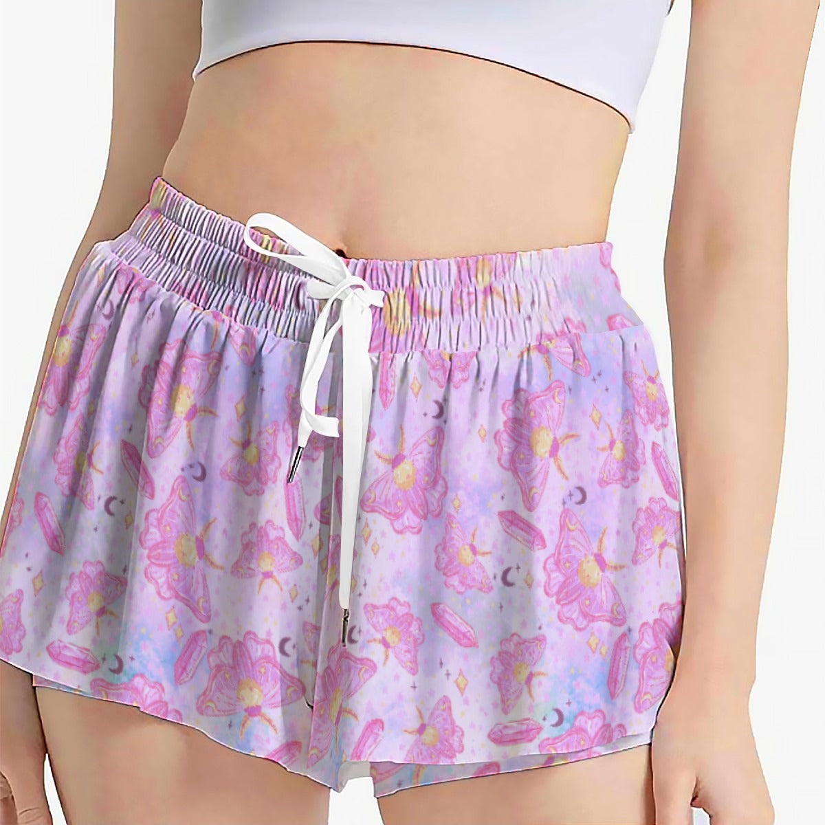 Pink Crystal Lunar Moths - Women's Flowy Pocket Shorts
