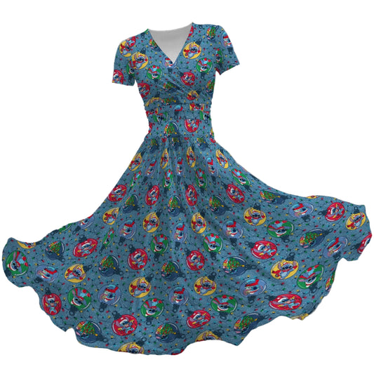 Holiday Baubles with Mischievous Blue Alien - Women's V-Neck Ruched Midi Dress