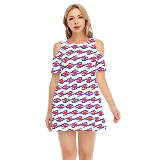 Nautical Cruise Logo Print - Women's Cold Shoulder Cotton Dress