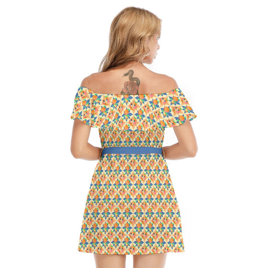 Retro Citrus Play - Women's Off-shoulder Ruffle Dress