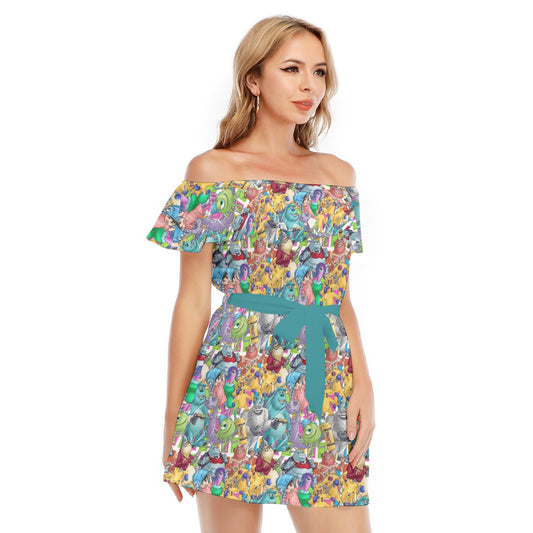 Monster Mayhem Sketched - Women's Off-shoulder Ruffle Dress
