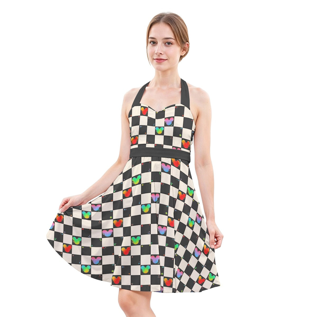 Rainbow Checker Mouse Ears - Women's Halter Vintage Pocket Dress