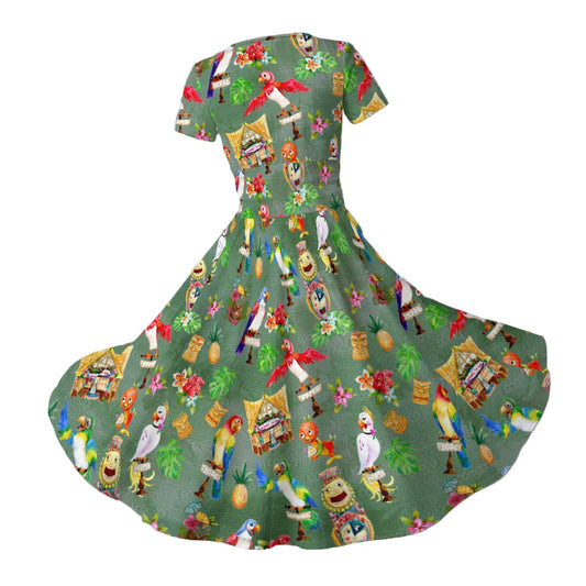 Orange Bird & Tiki Friends - Women's V-Neck Ruched Midi Dress