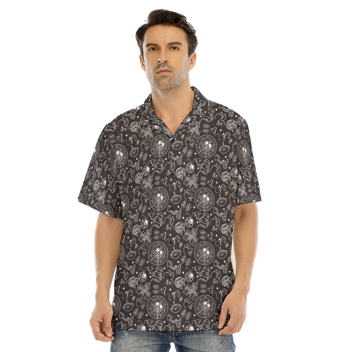 Monochrome Theme Park Icons - Men's Hawaiian Button Up Shirt