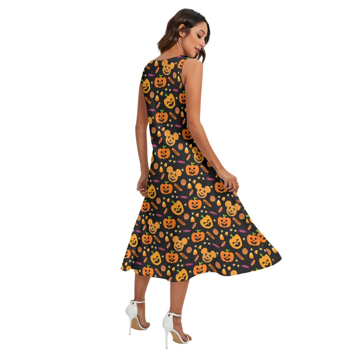 Cheerful Pumpkin Mouse Halloween - Women’s Diagonal Pocket Midi Dress