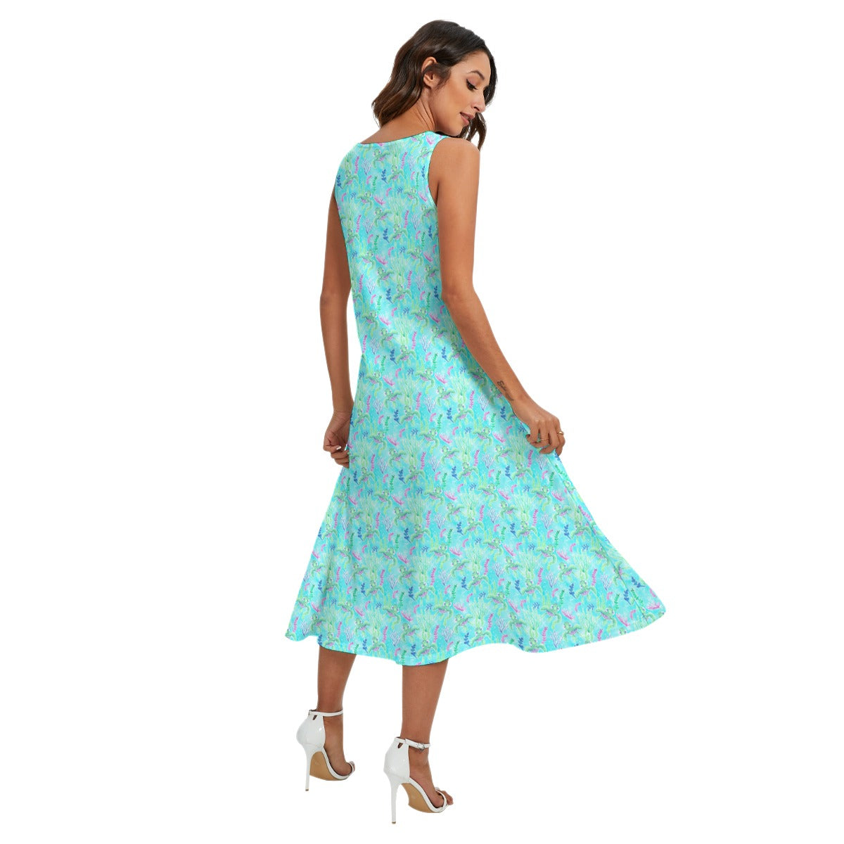 Neon Floral Baby Turtle - Women’s Diagonal Pocket Midi Dress