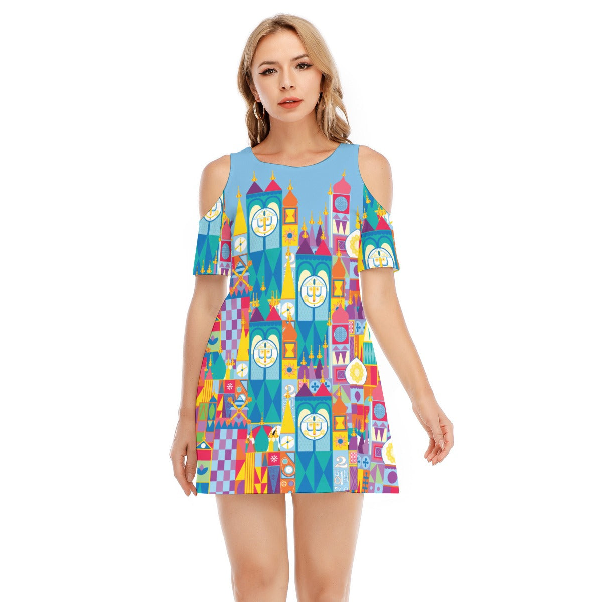 Whimsical World Facade - Women's Cold Shoulder Cotton Dress