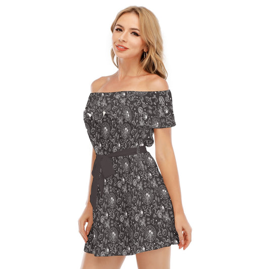 Monochrome Theme Park Icons - Women's Off-shoulder Ruffle Dress