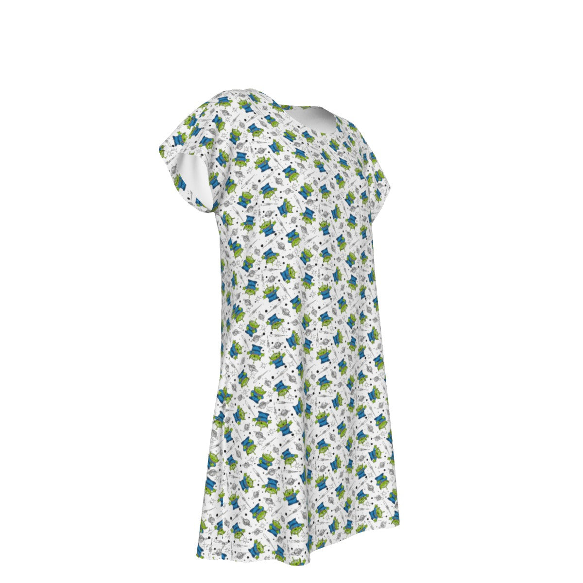 Playful Green Aliens on White - Women's T-Shirt Dress