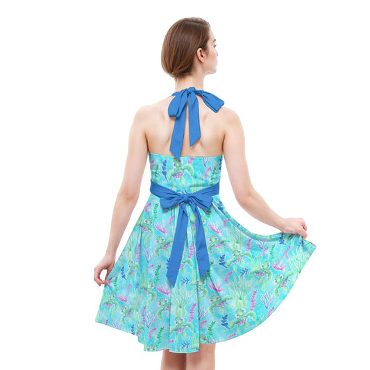 Neon Floral Baby Turtle - Women's Halter Vintage Pocket Dress