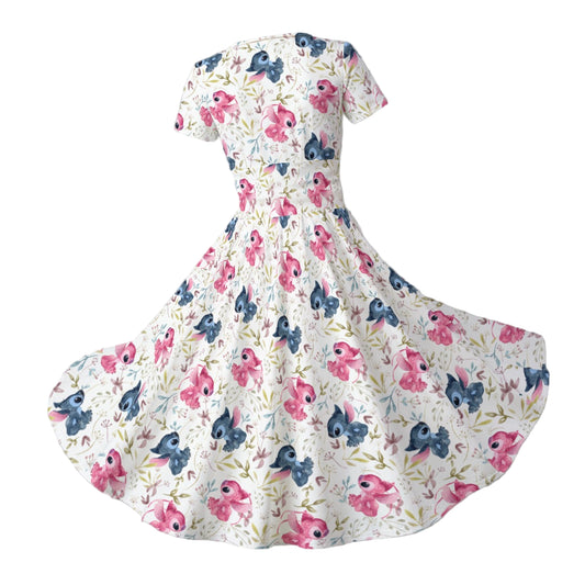 Blue Alien & Pink Friend Love - Women's V-Neck Ruched Midi Dress