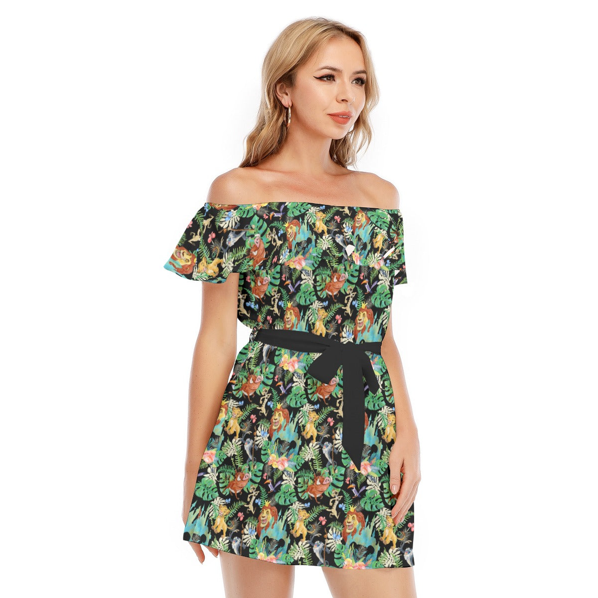 Watercolor Jungle Pride - Women's Off-shoulder Ruffle Dress