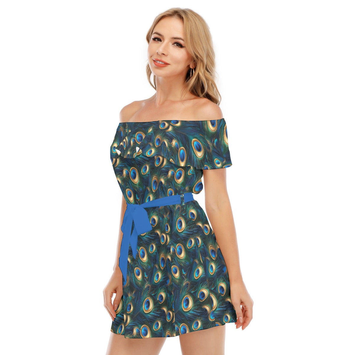 Animal Print - Peacock - Women's Off-shoulder Ruffle Dress