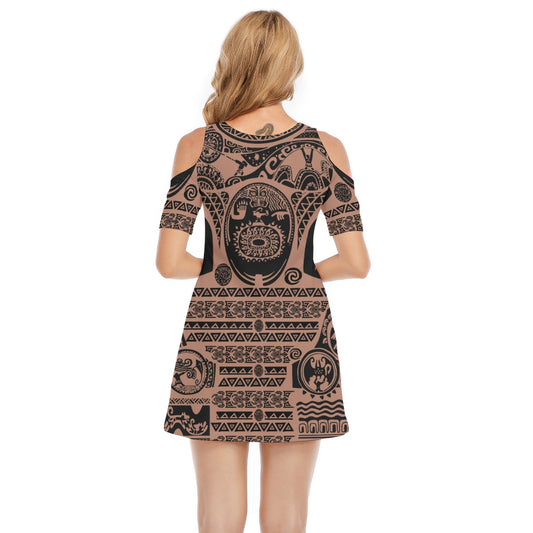 Polynesian Tattoo Motifs - Women's Cold Shoulder Cotton Dress