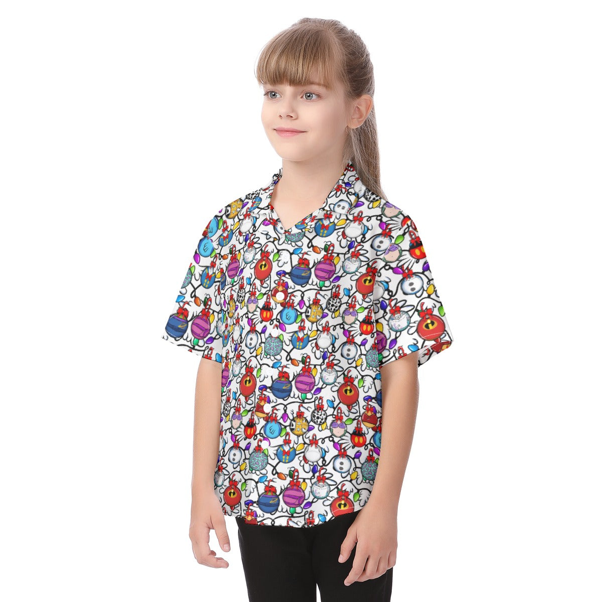Festive Character Baubles on White - Kid's Hawaiian Button Up Shirt