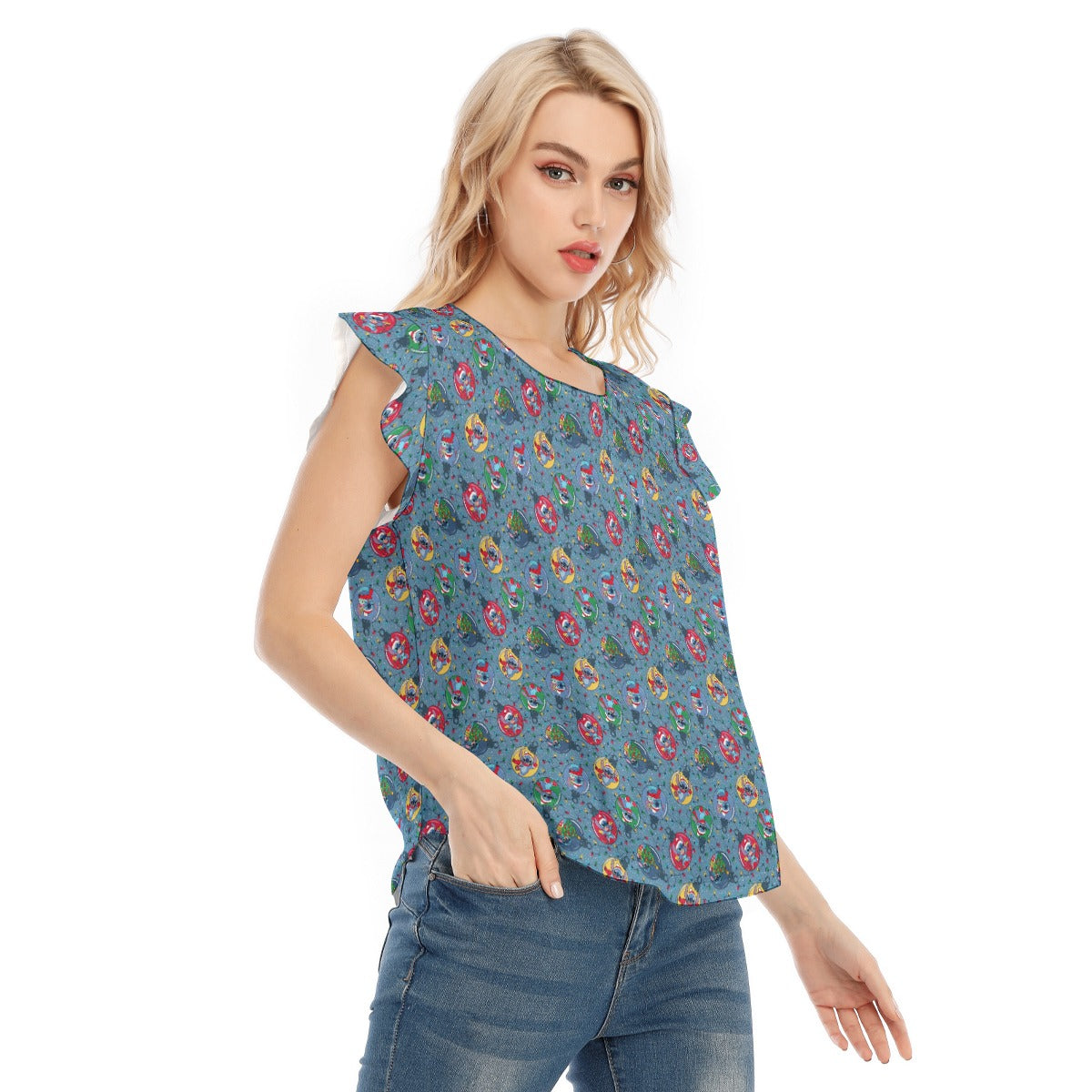 Holiday Baubles with Mischievous Blue Alien - Women’s Flutter Sleeve Top