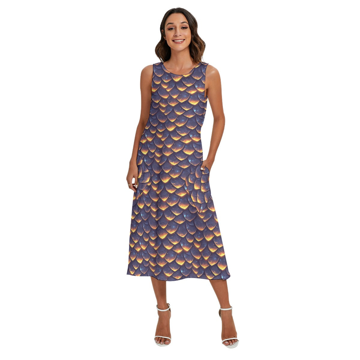 Animal Print - Dragon - Women’s Diagonal Pocket Midi Dress