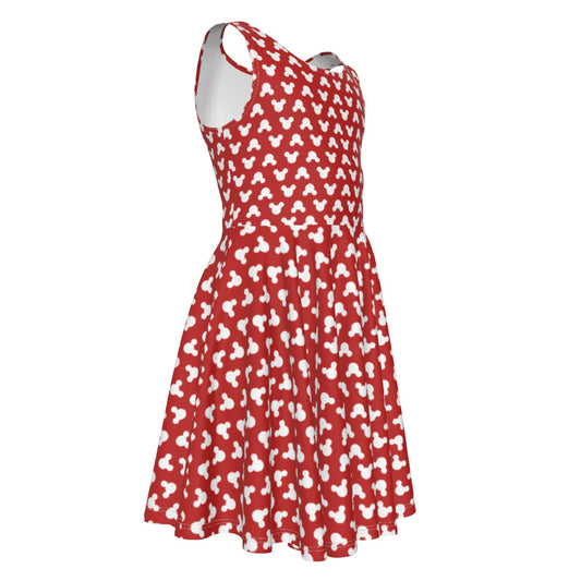 Playful Polka Dot Ears Red- Kid's Sleeveless Skater Dress