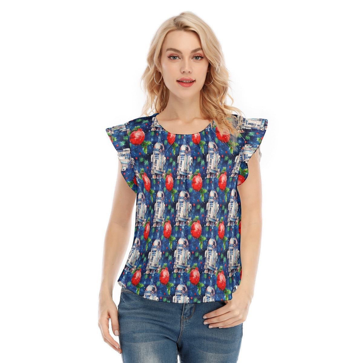 Little Blue Christmas Droid - Women’s Flutter Sleeve Top