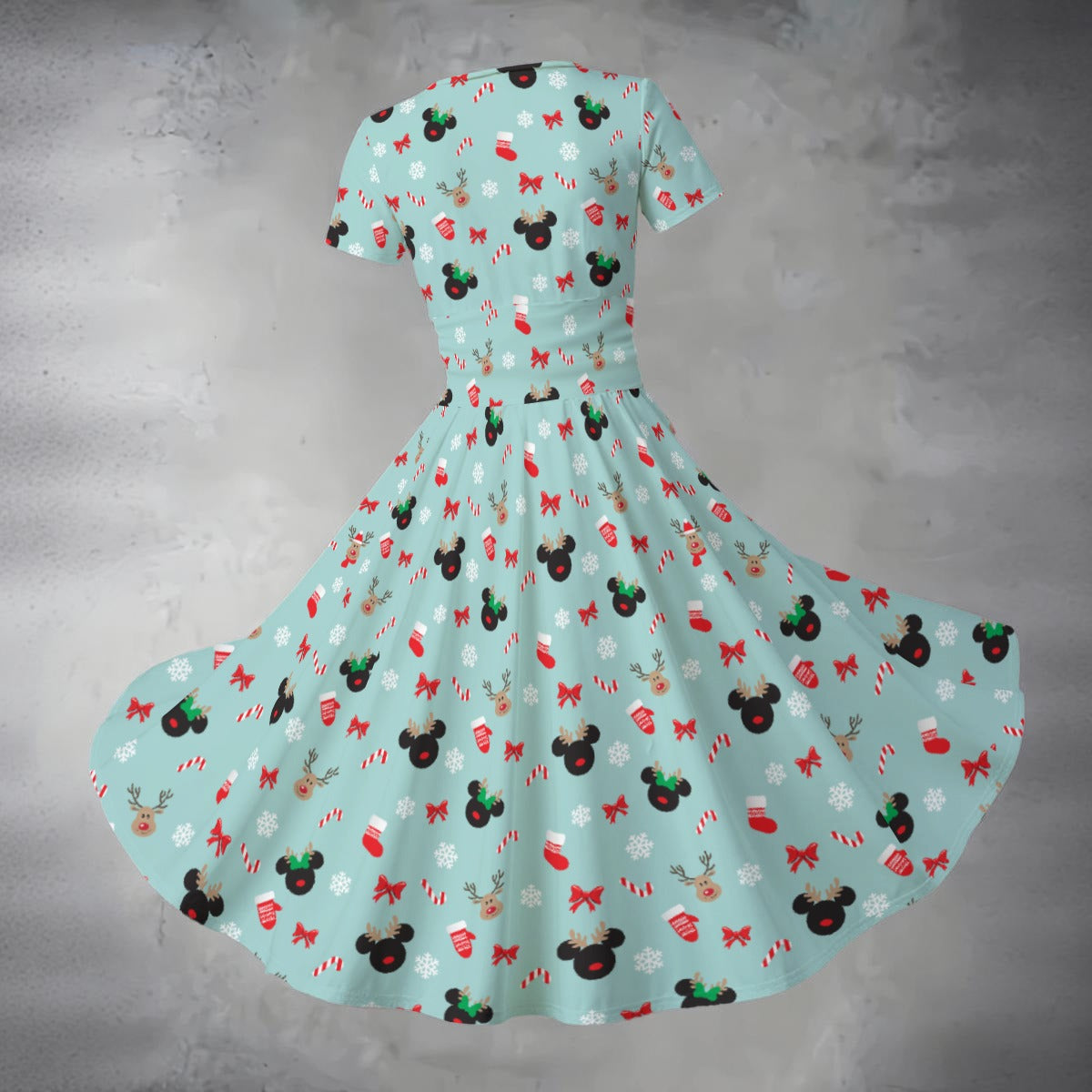 Festive Reindeer Mouse Holiday - Women's V-Neck Ruched Midi Dress