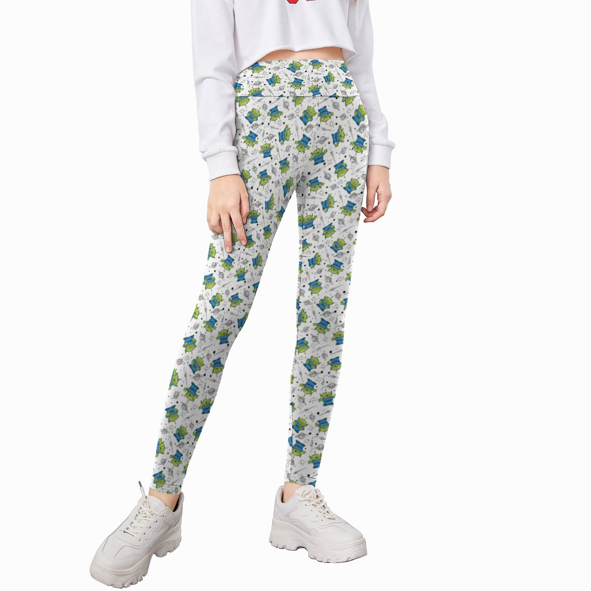 Playful Green Aliens on White - Kid's Leggings