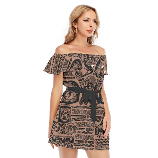 Polynesian Tattoo Motifs - Women's Off-shoulder Ruffle Dress