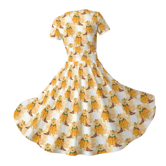 Pumpkin Bear Mischief - Women's V-Neck Ruched Midi Dress