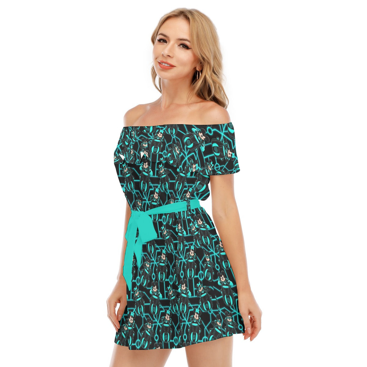 Electric Neon Grid Adventure - Women's Off-shoulder Ruffle Dress