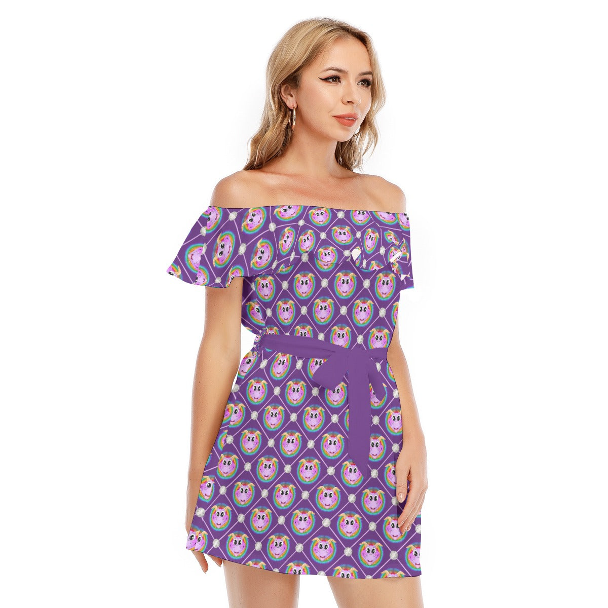 Geometric Figment - Women's Off-shoulder Ruffle Dress