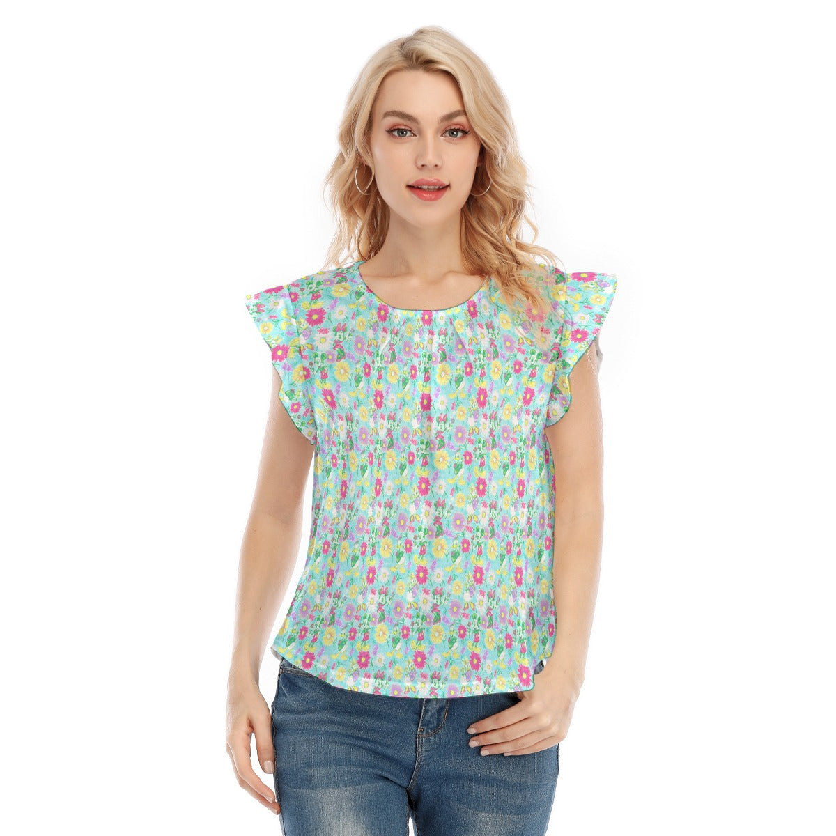 Neon Spring Floral Friends - Women’s Flutter Sleeve Top